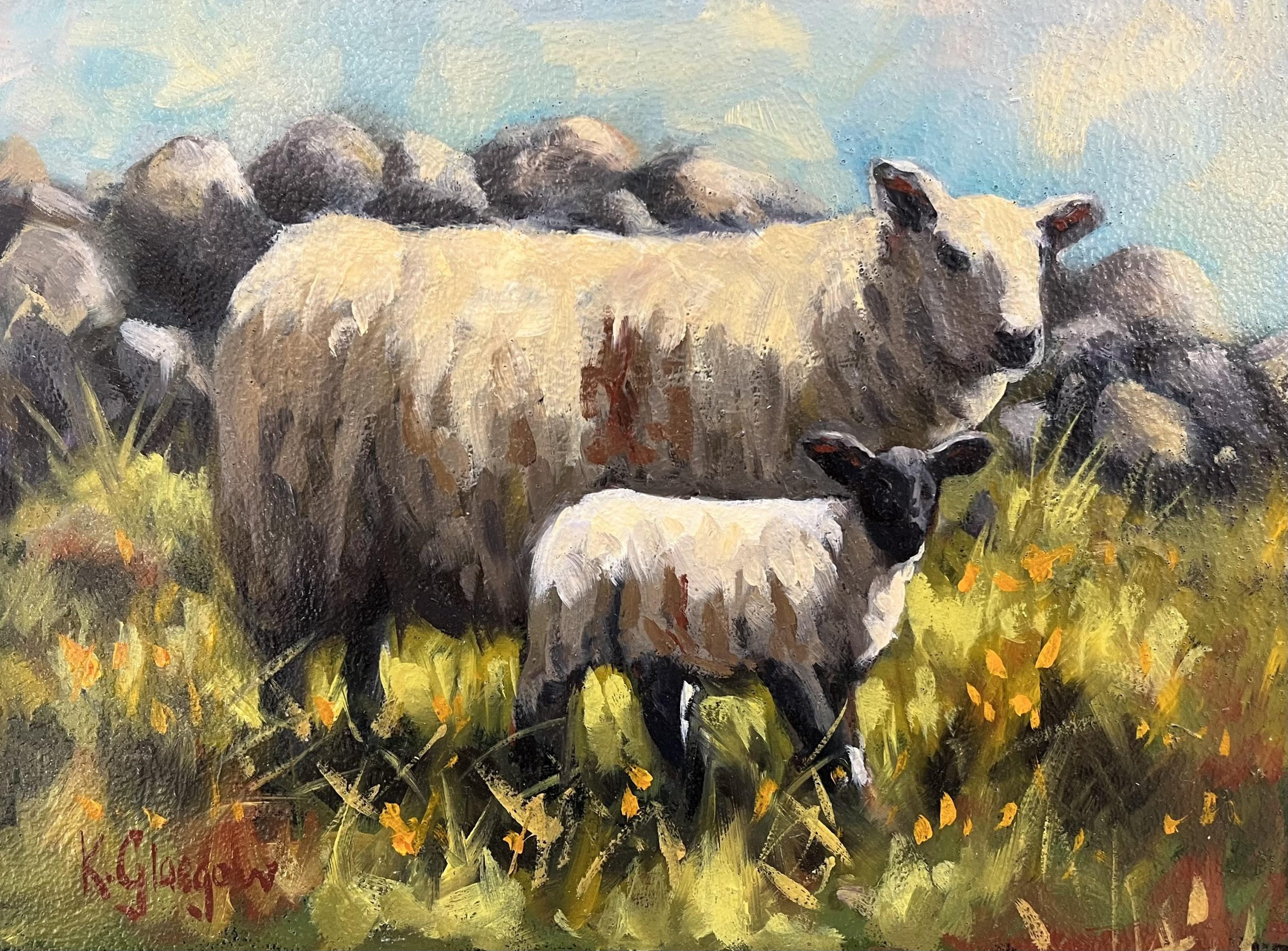 Ewe and Lamb by Stone Wall by Keith Glasgow