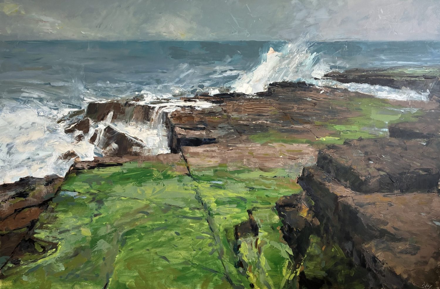 Large oil painting of coastal cliffs by Ivan Daly