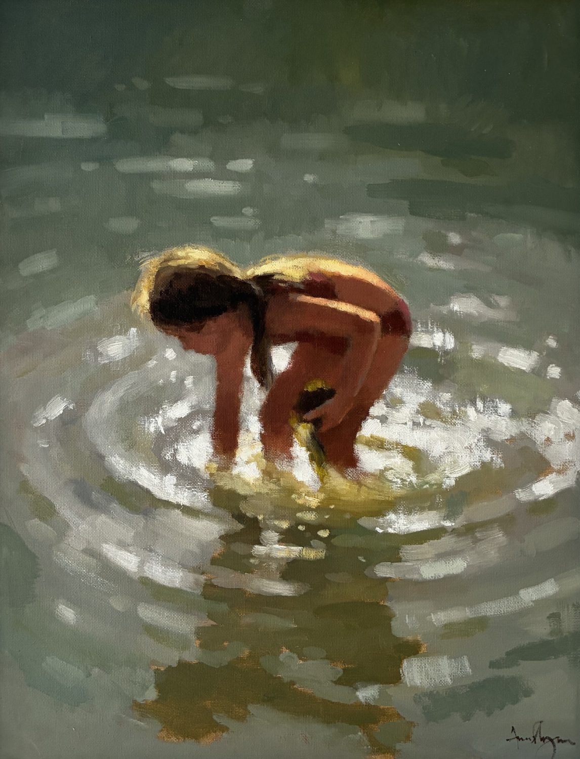 Oil painting of young child in the water