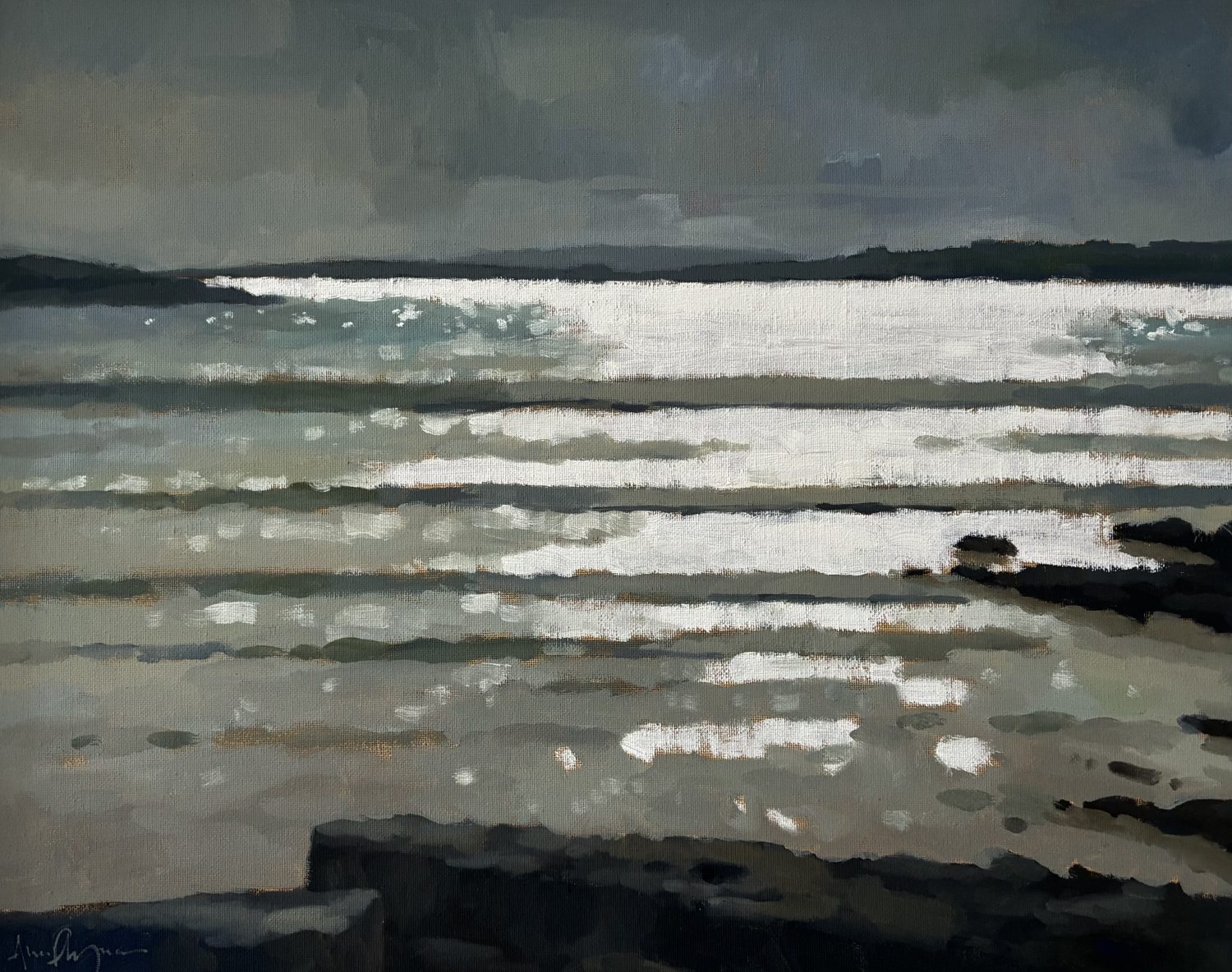 Blue and silver evening seascape with headland in the distance by Ann Flynn