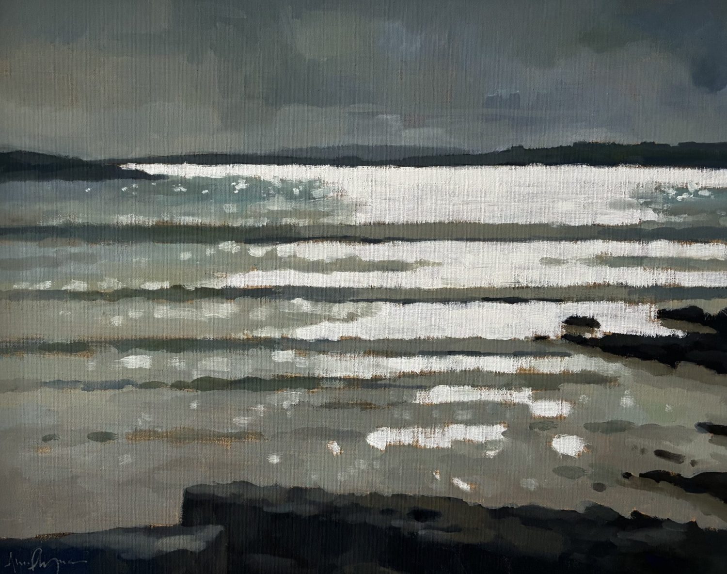 Blue and silver evening seascape with headland in the distance by Ann Flynn
