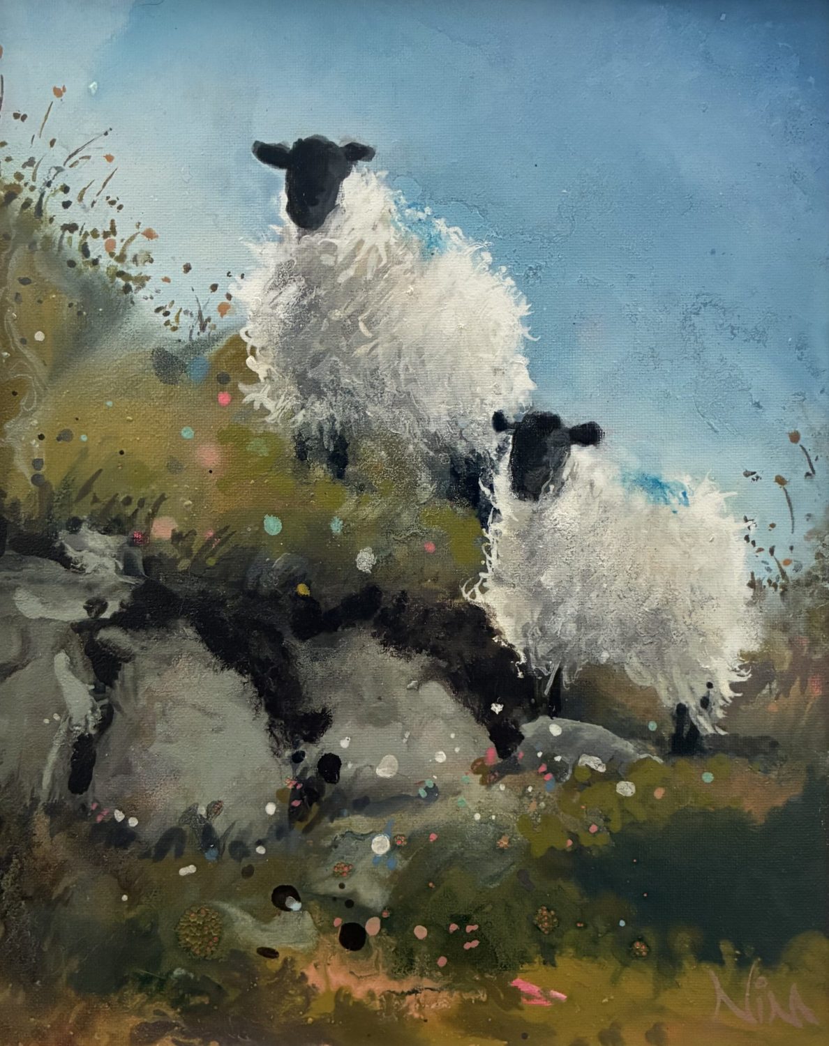 Pastoral scene with two sheep on a hillside