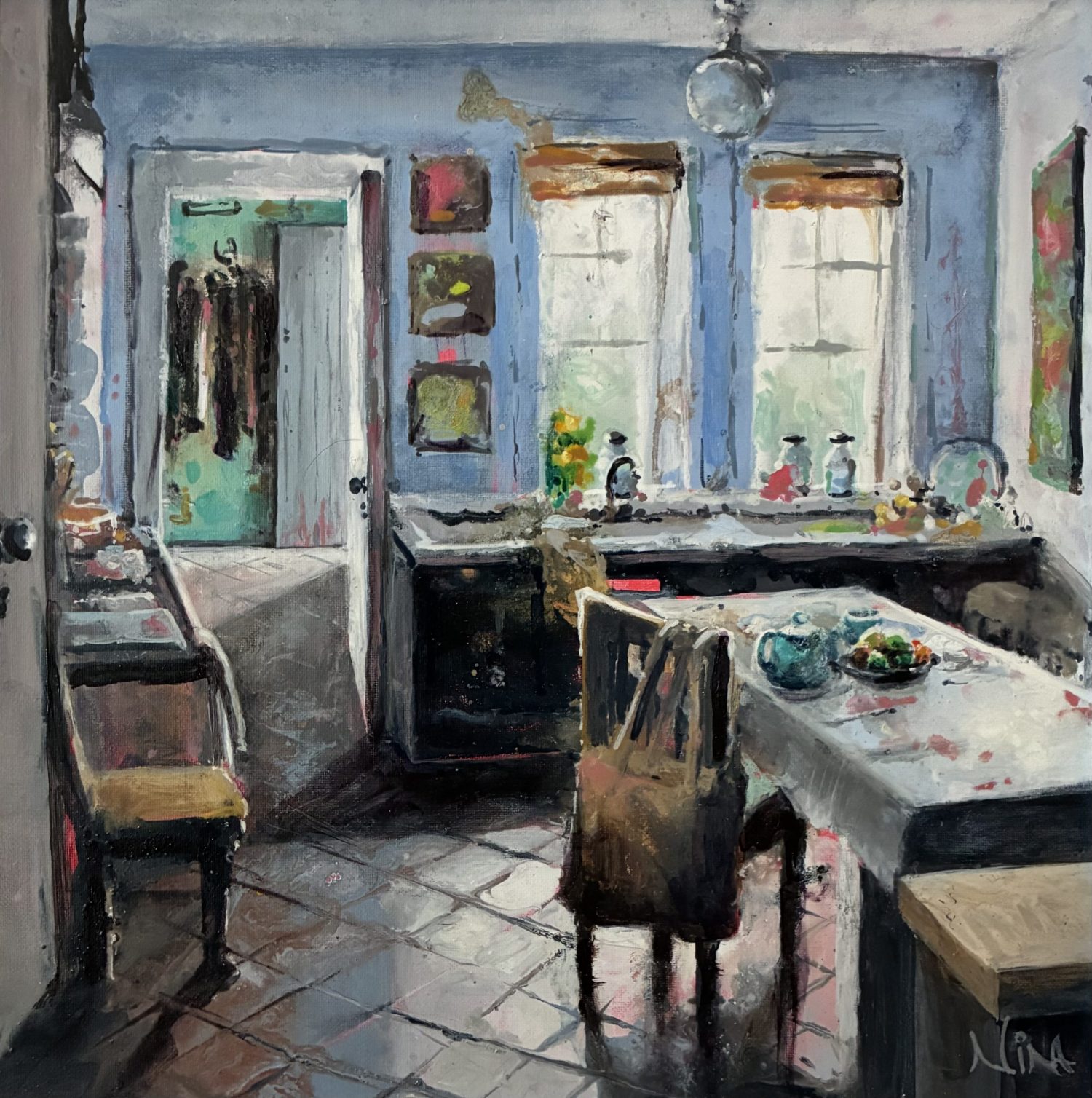 Interior kitchen scene painted in acrylics