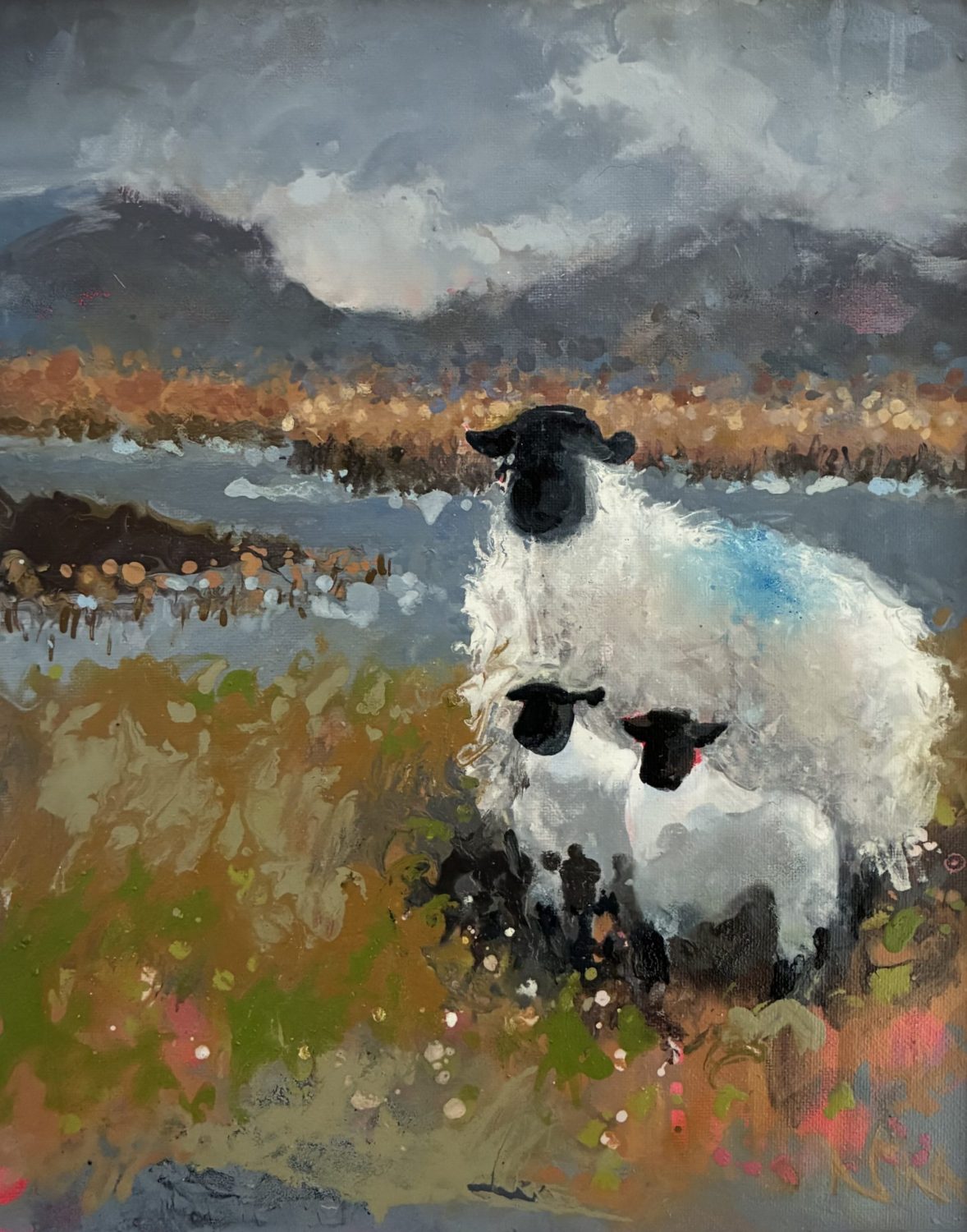 Pastoral painting with sheep and lambs