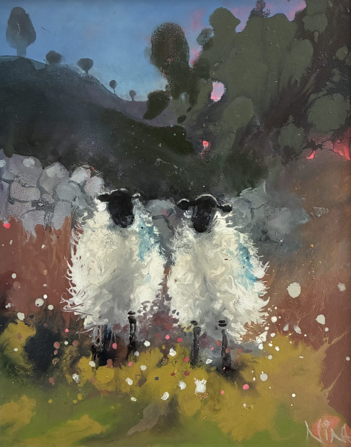 Connemara scene with stone wall and two sheep