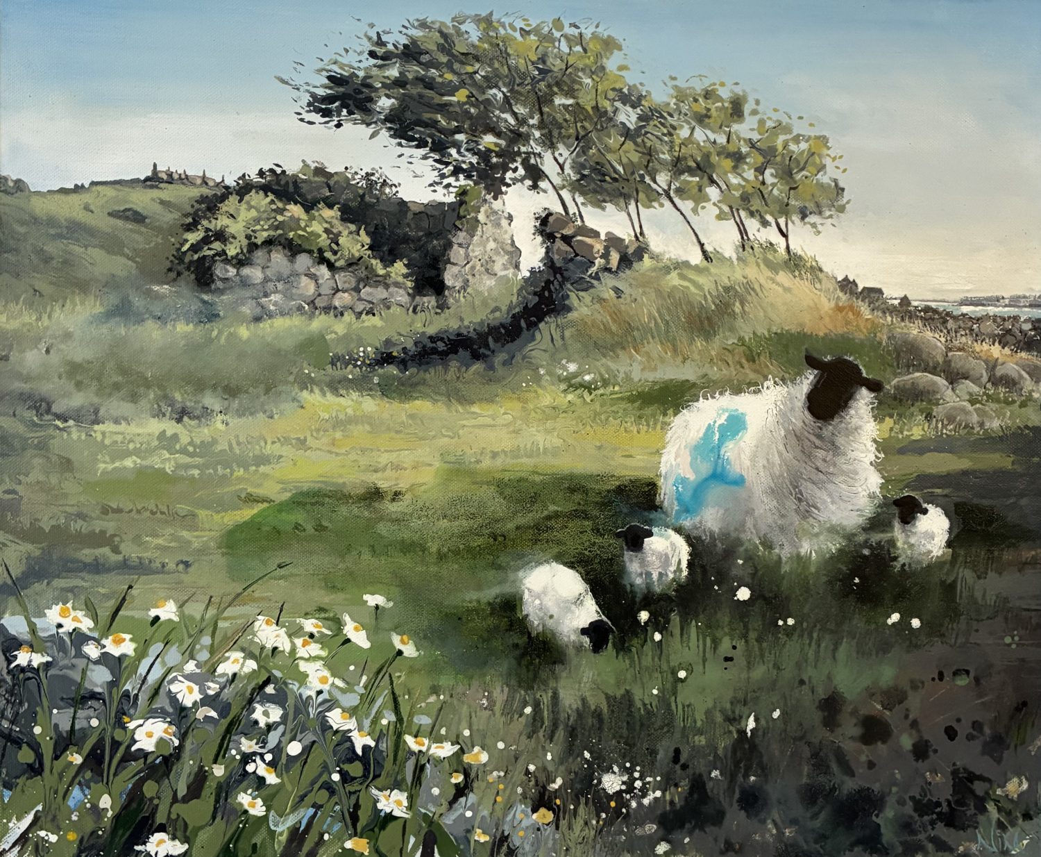 Pastoral scene with sheep, acrylic painting