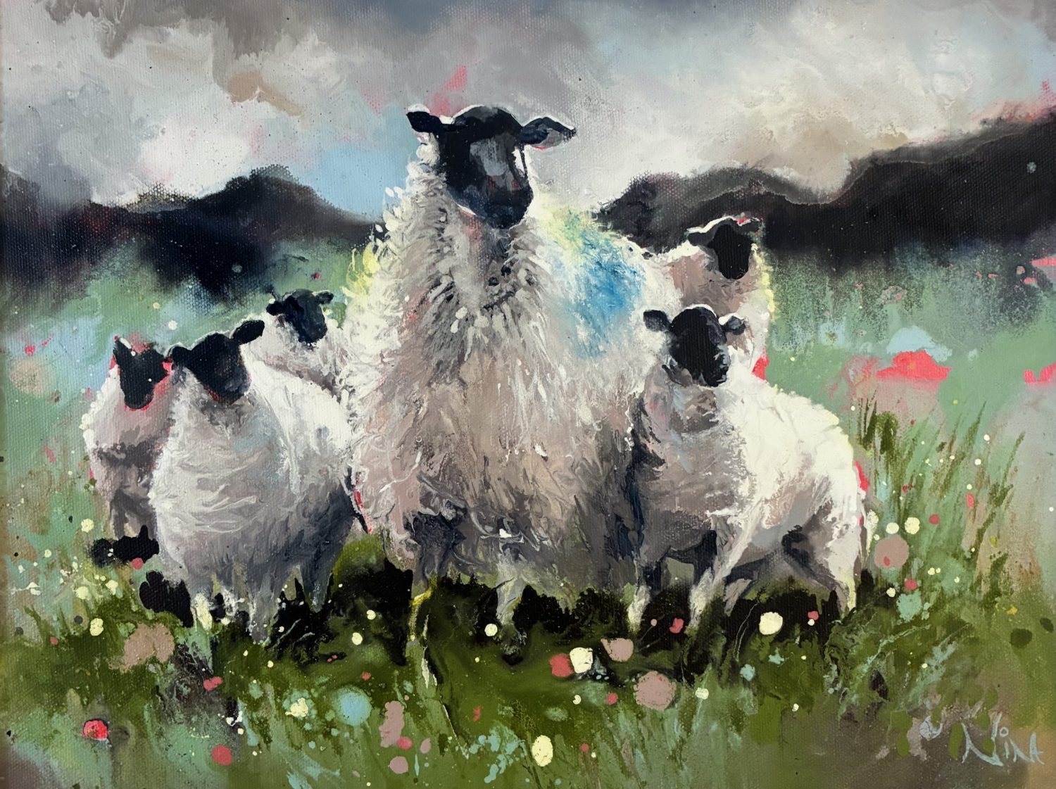 Pastoral scene in bright colours with mother and lambs