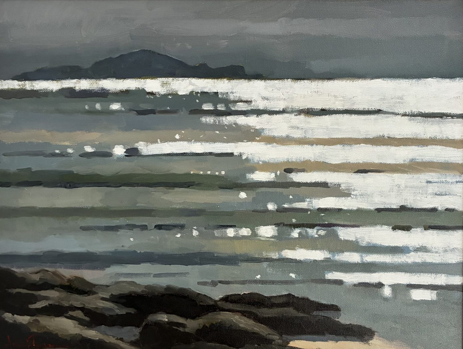 Oil painting of dappled water with island in the distance
