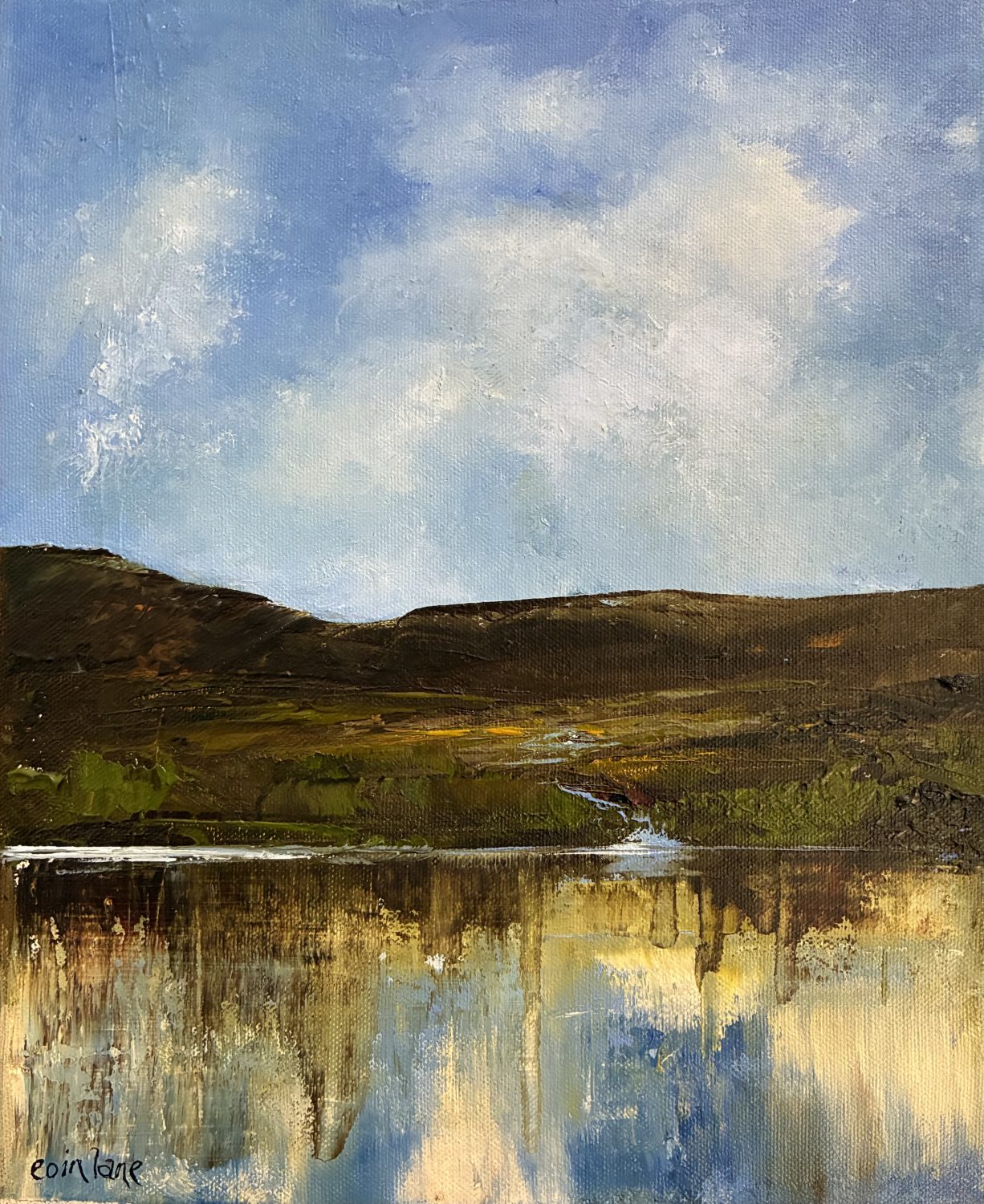 Oil painting of water with reflections by Eoin Lane