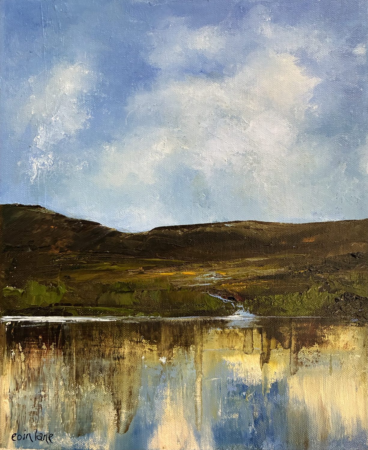 Oil painting of water with reflections by Eoin Lane