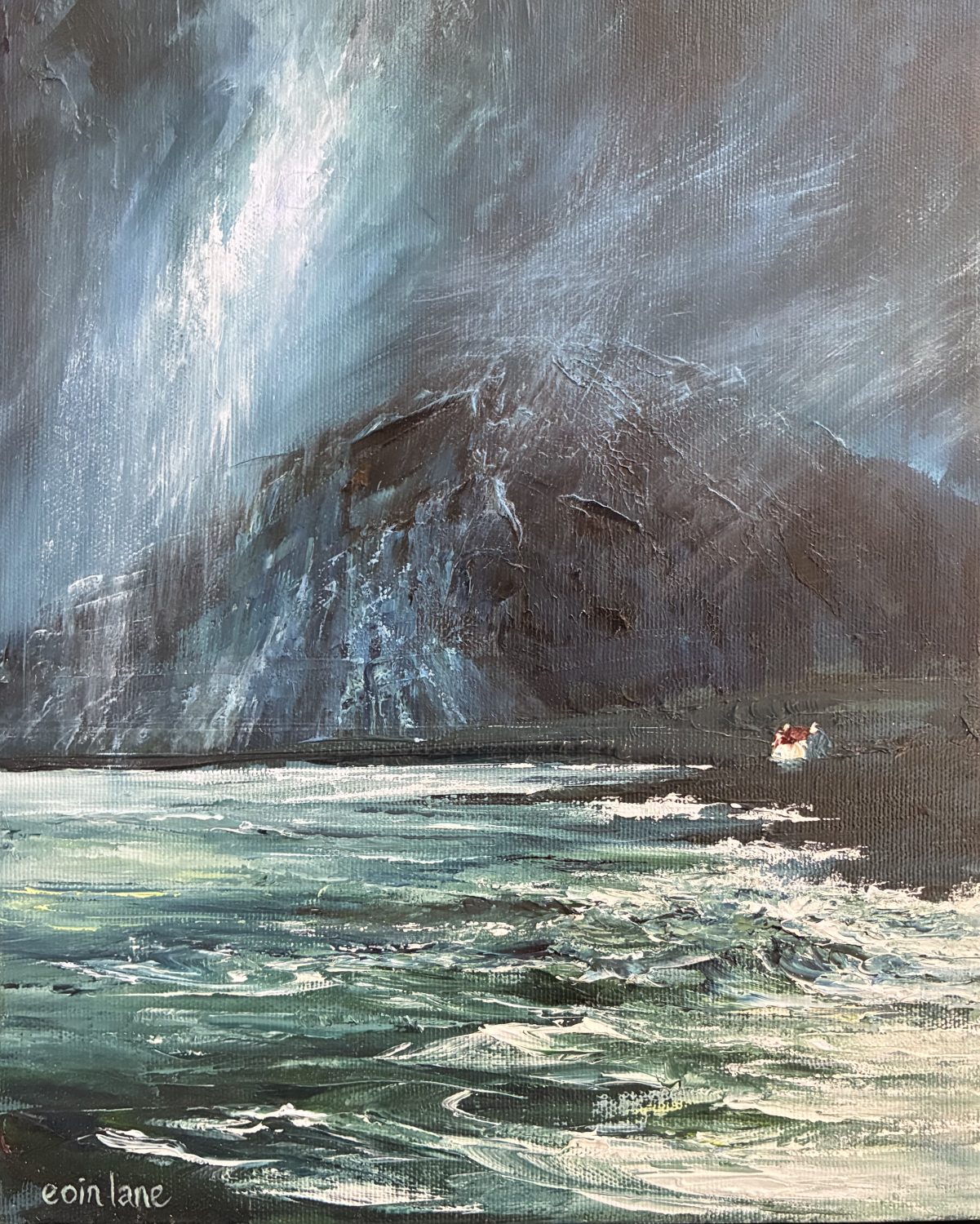 Moody seascape with cottage by Eoin Lane