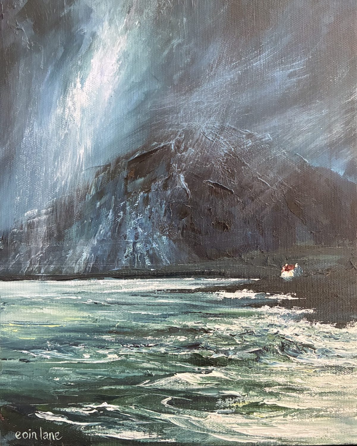 Moody seascape with cottage by Eoin Lane
