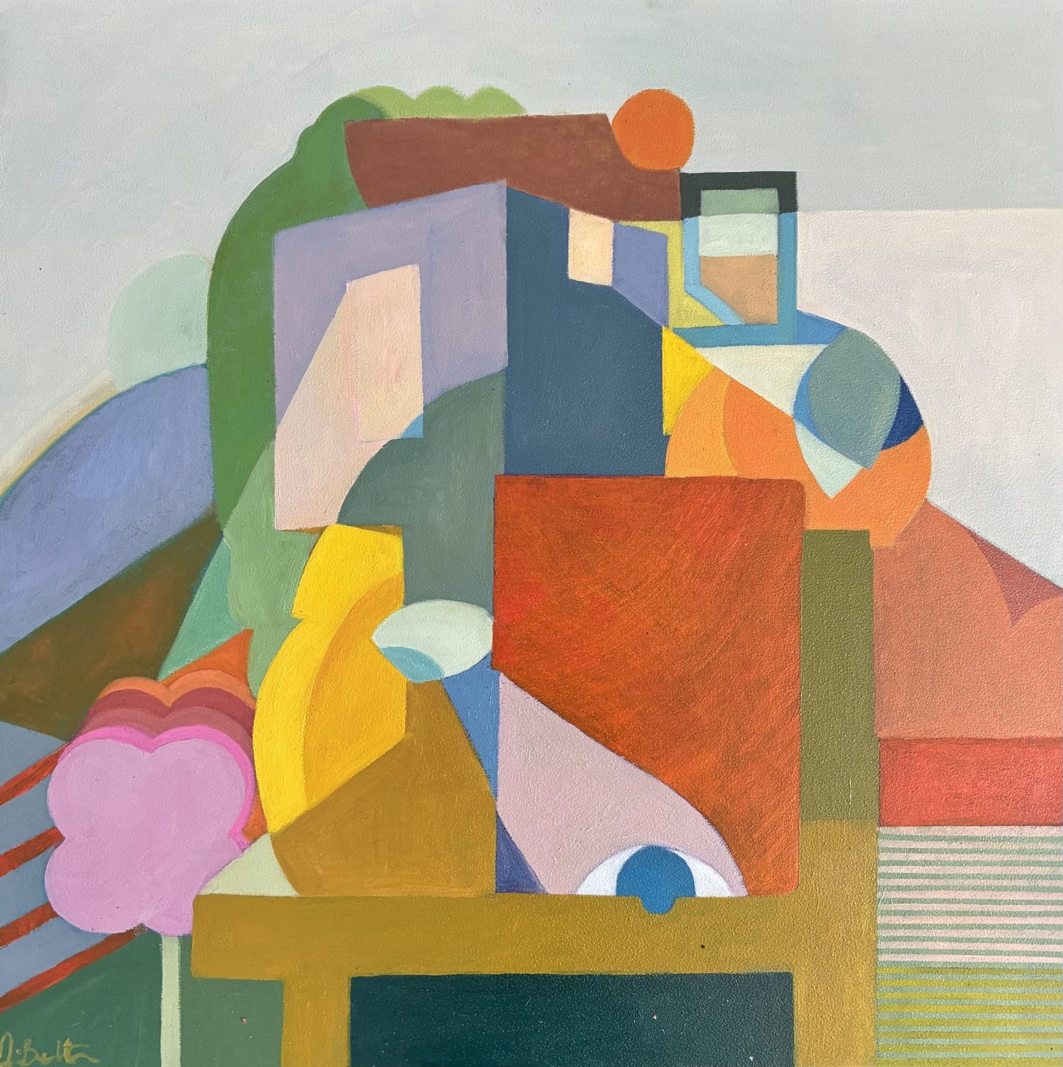 Cubist style painting in oil in pastel shades