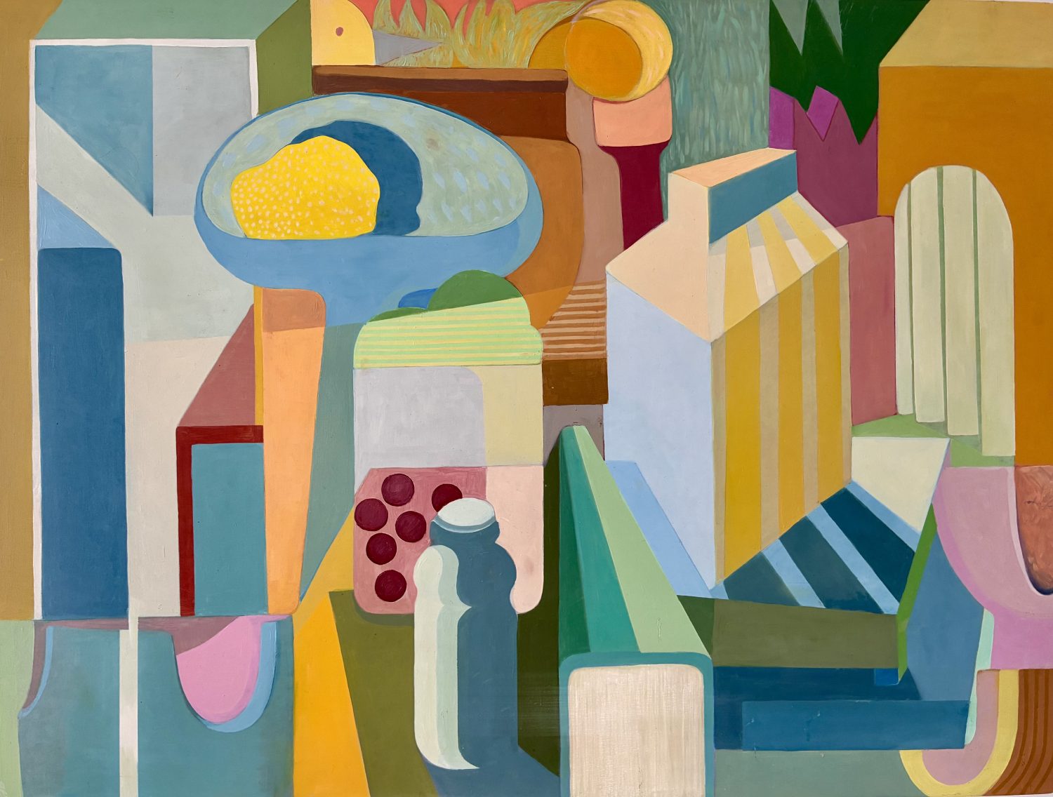 Geometric, cubist style painting in pastel shades